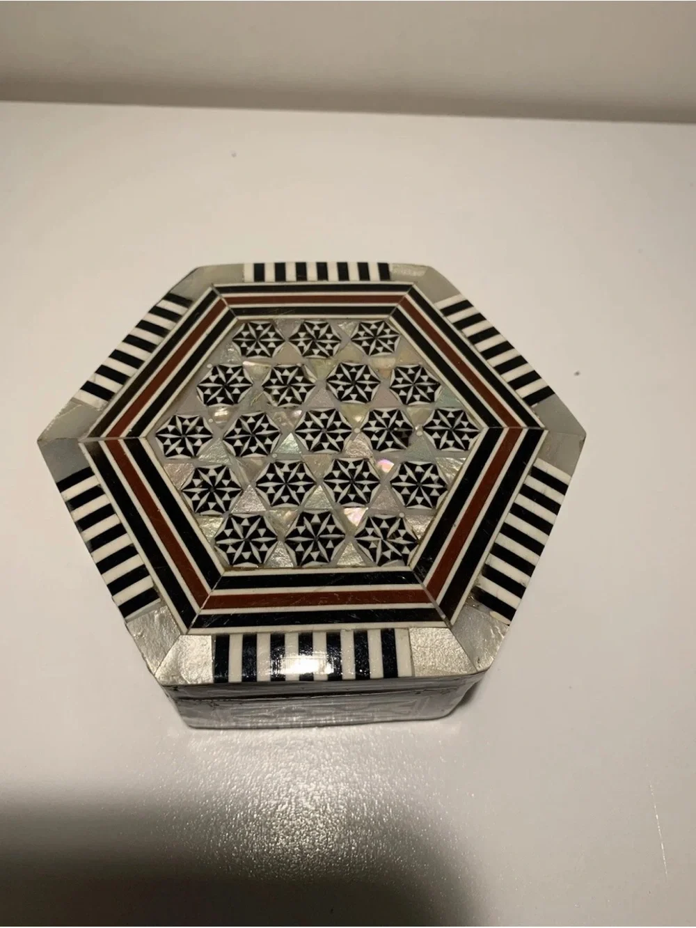 Hexagonal Inlay Trinket Box - Black, White & Brown